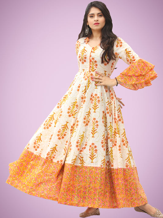 Raima - Orange Ivory Green Block Printed Panel Long Dress - D396F2047