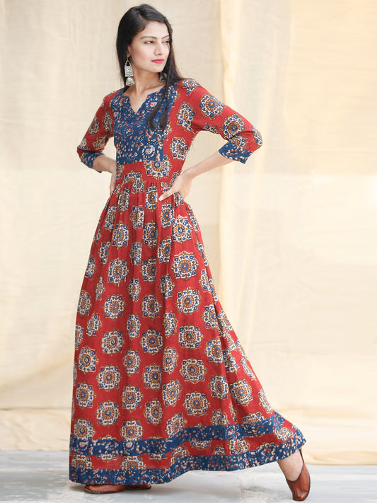 Indigo Red - Hand Block Printed Cotton Long Dress With Pockets  - D339F1825