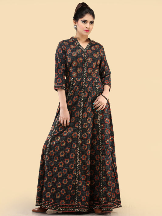 Nazia- Hand Block Printed Long Cotton Dress With Embroidered Yoke - D385F1820