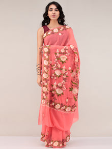 Peach Pink Aari Embroidered Georgette Saree From Kashmir - S031704670