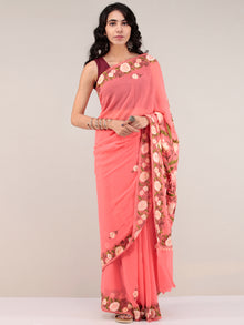 Peach Pink Aari Embroidered Georgette Saree From Kashmir - S031704670