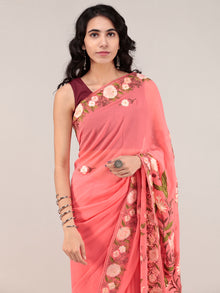 Peach Pink Aari Embroidered Georgette Saree From Kashmir - S031704670