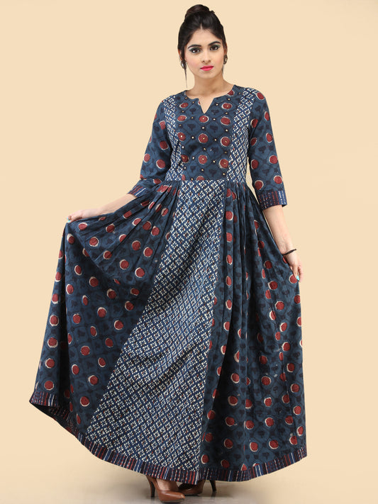 Nafesa - Hand Block Printed Long Cotton Dress With Embroidered Yoke  - D386F2065