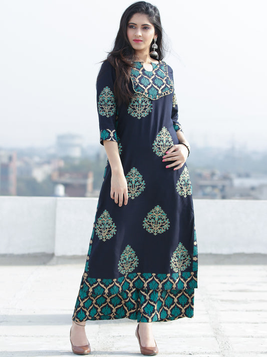 Raashida - Indigo Green Gold Printed Kurta Palazzo Set  - SS02F2004