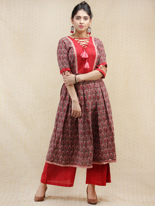 Rozana - Hand Block Printed Anarkali Kurta Palazzo Set - SS02F2006