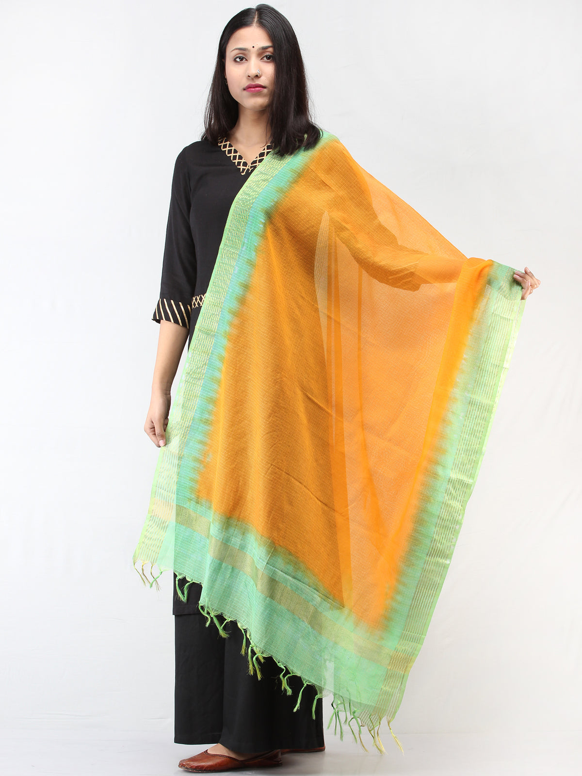 Kota Doria Tie & Die Dupatta  With Zari Border - Yellow & Light Green - D04170897