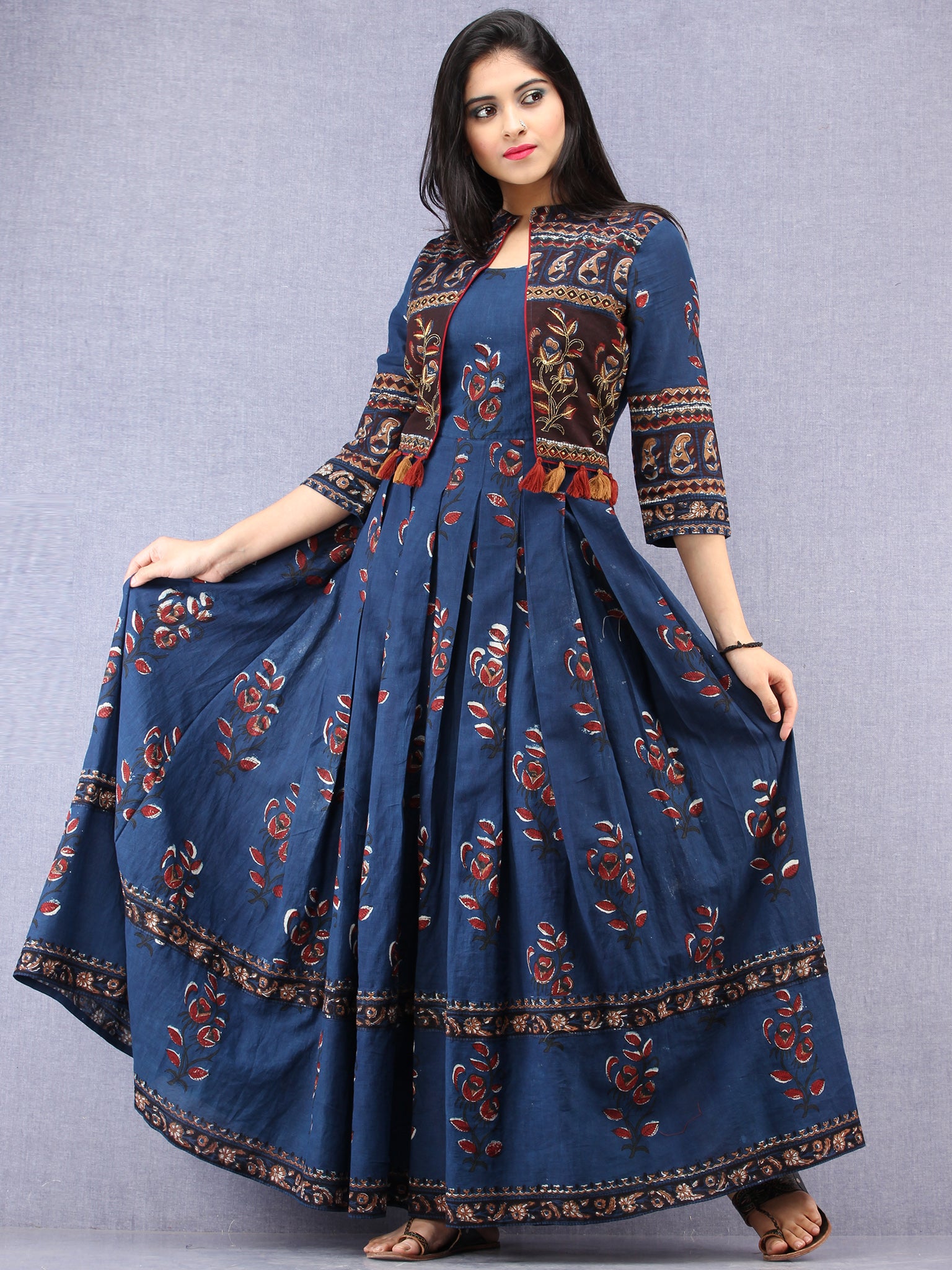 Naaz Roheen - Hand Block Printed Long Cotton Box Pleated Embroidered J ...