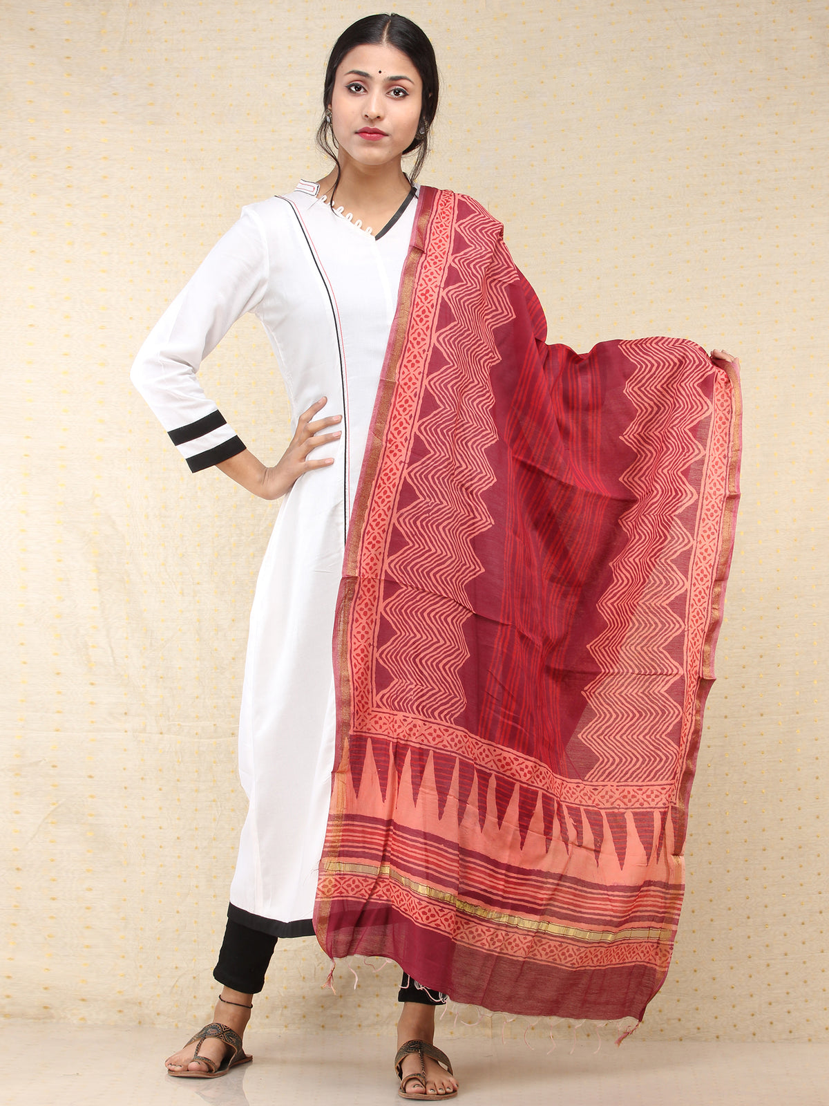 Maroon Ivory Chanderi Hand Block Printed Dupatta - D04170756