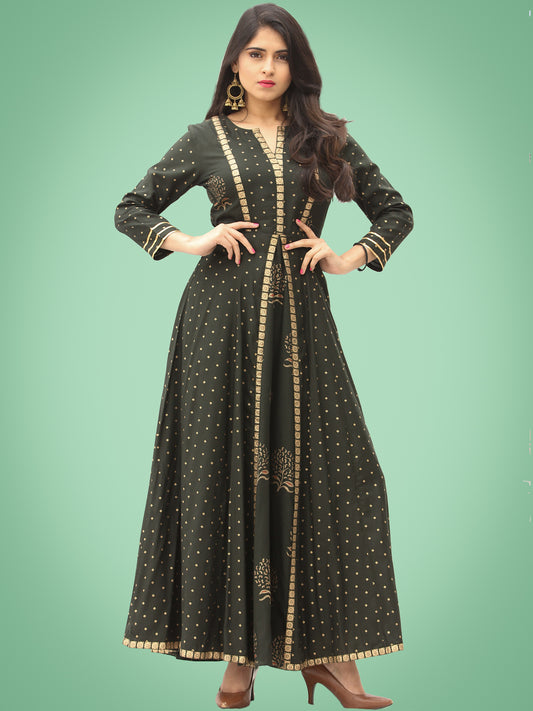 Zafra - Green Gold Printed Long Panel Dress - D397FDDD