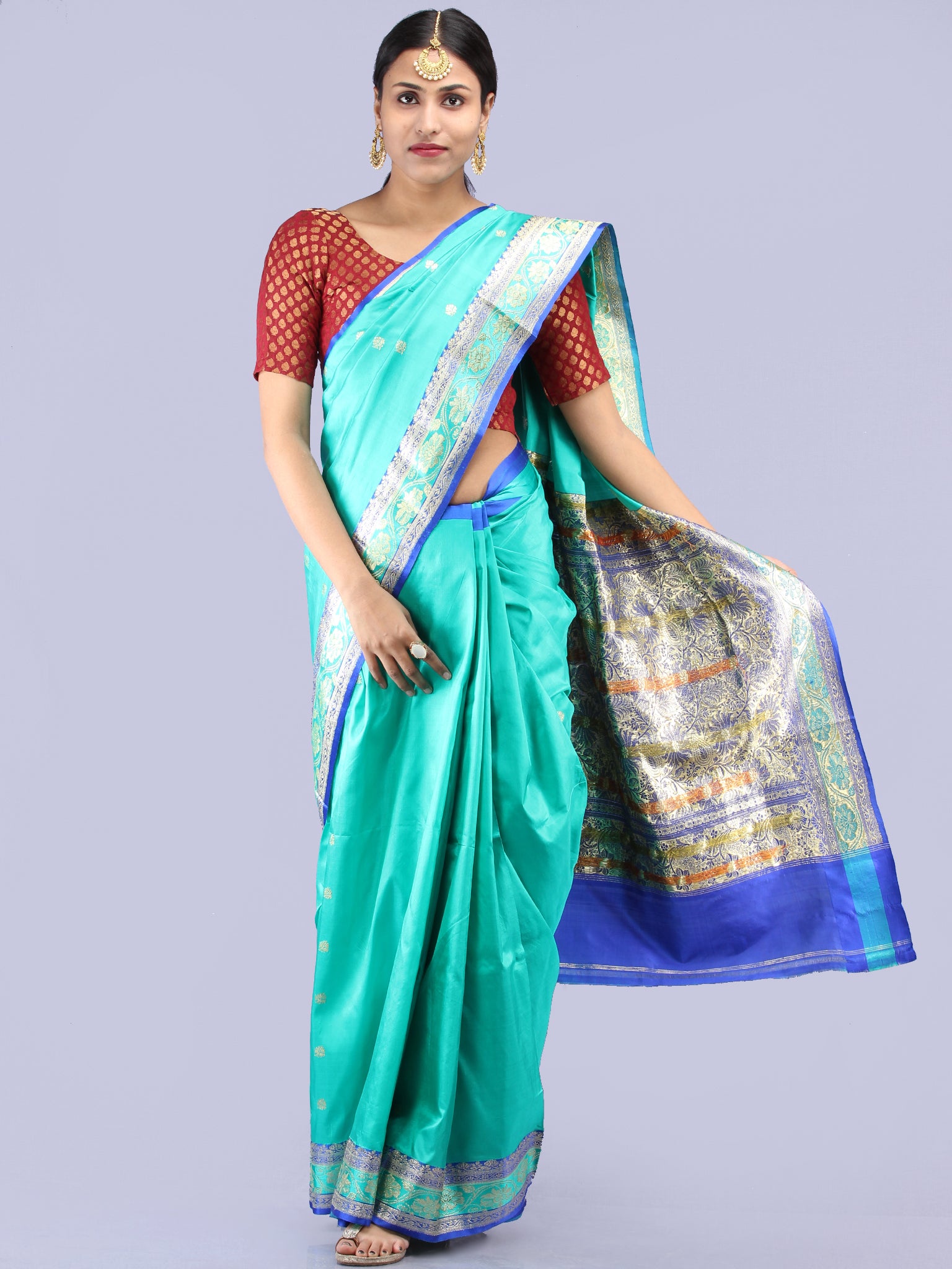 Banarasee Katan Silk Handloom Saree With Zari Work - Sea Green Blue ...
