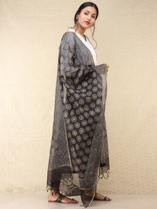 Black Indigo Kota Silk Hand Block Painted Dupatta - D04170767