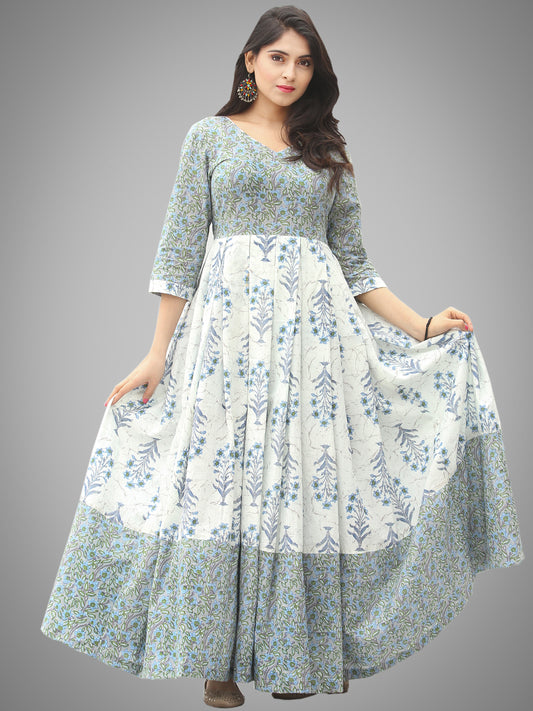 Saima - Grey Ivory Blue Block Printed Box Pleated Long Dress - D398F2042