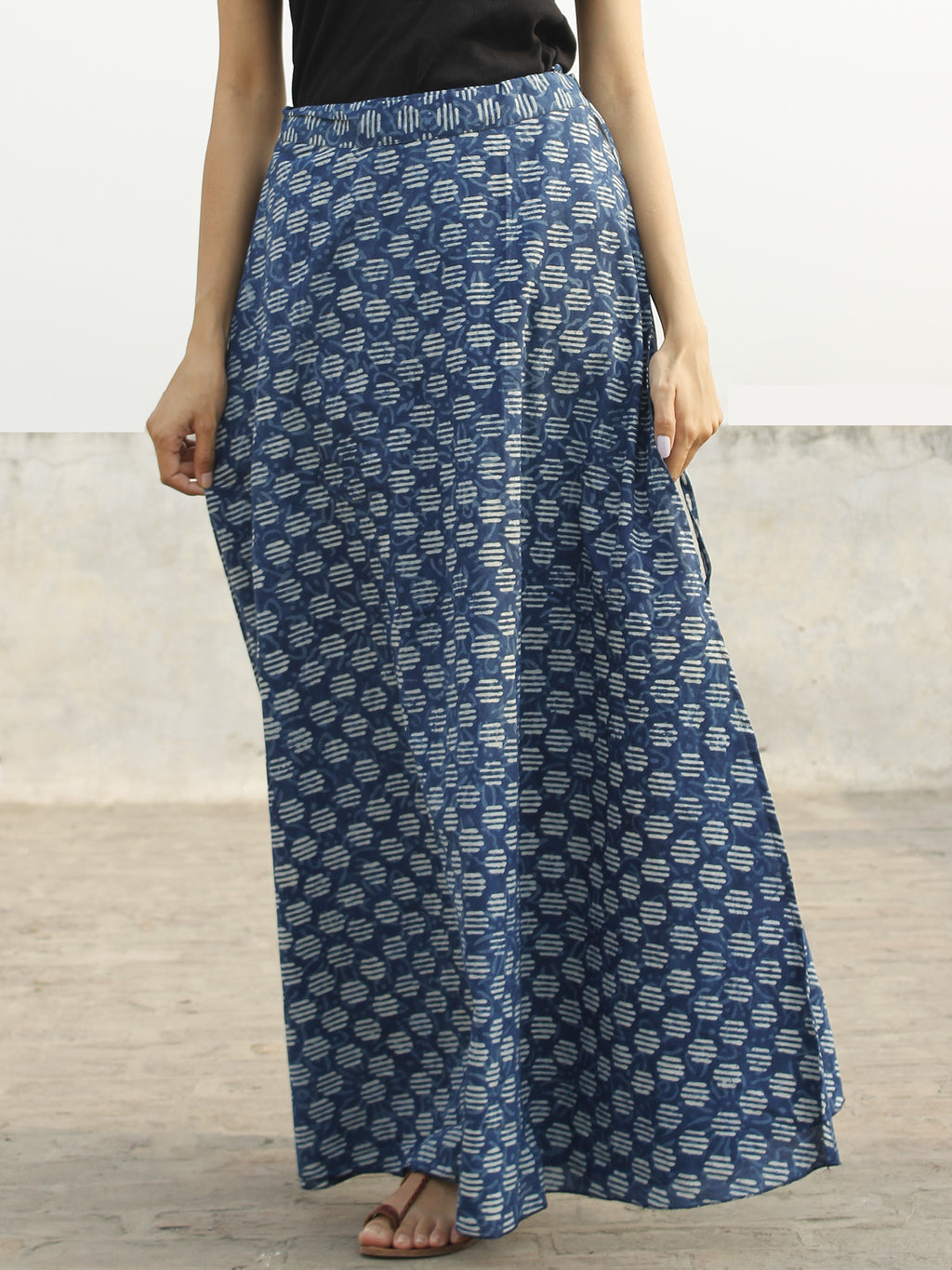 Green Blue Hand Block Printed Frill Wrap Around Skirt - S403F2034