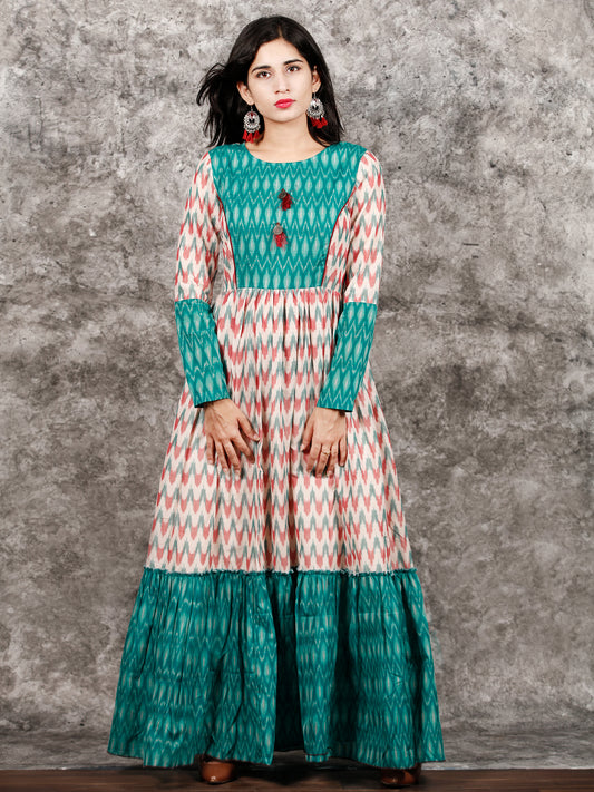 White Teal Green Wine Hand Woven Ikat Princess Cut Long Tier Dress - D175F1277