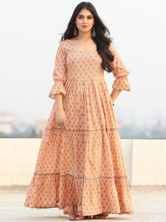 Gulzar Fawha -  Block Printed Tiered Long Dress - D456F2290