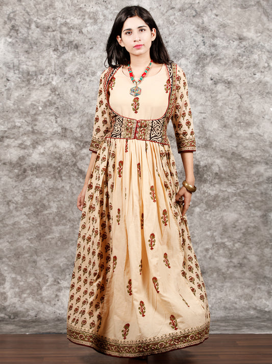 Naaz Afreen - Beige Maroon Black Hand Block Printed Long Gathers Dress With Lining - DS55F001