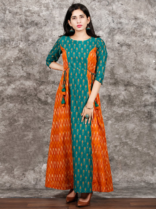 Green Orange Yellow Hand Woven Cotton Mercerized Ikat Princess Cut Cotton Long Dress - D308F1572