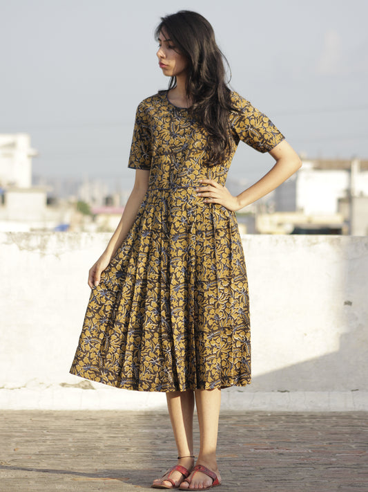 Black Mustard Indigo Ivory Hand Block Printed Cotton  Dress With Knife Pleats And Back Zip - D102F594