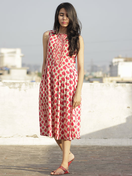 Red Ivory Hand Block Printed Cotton Dress With Knife Pleats - D103F484