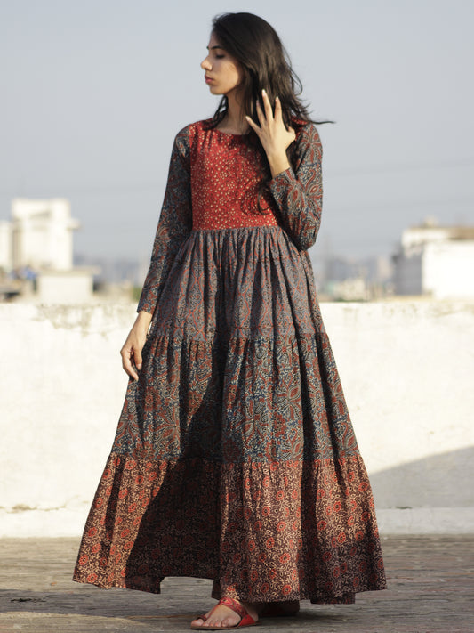 Indigo Maroon Red Yellow Ajrakh Hand Block Printed Tier Dress  -  D95F649