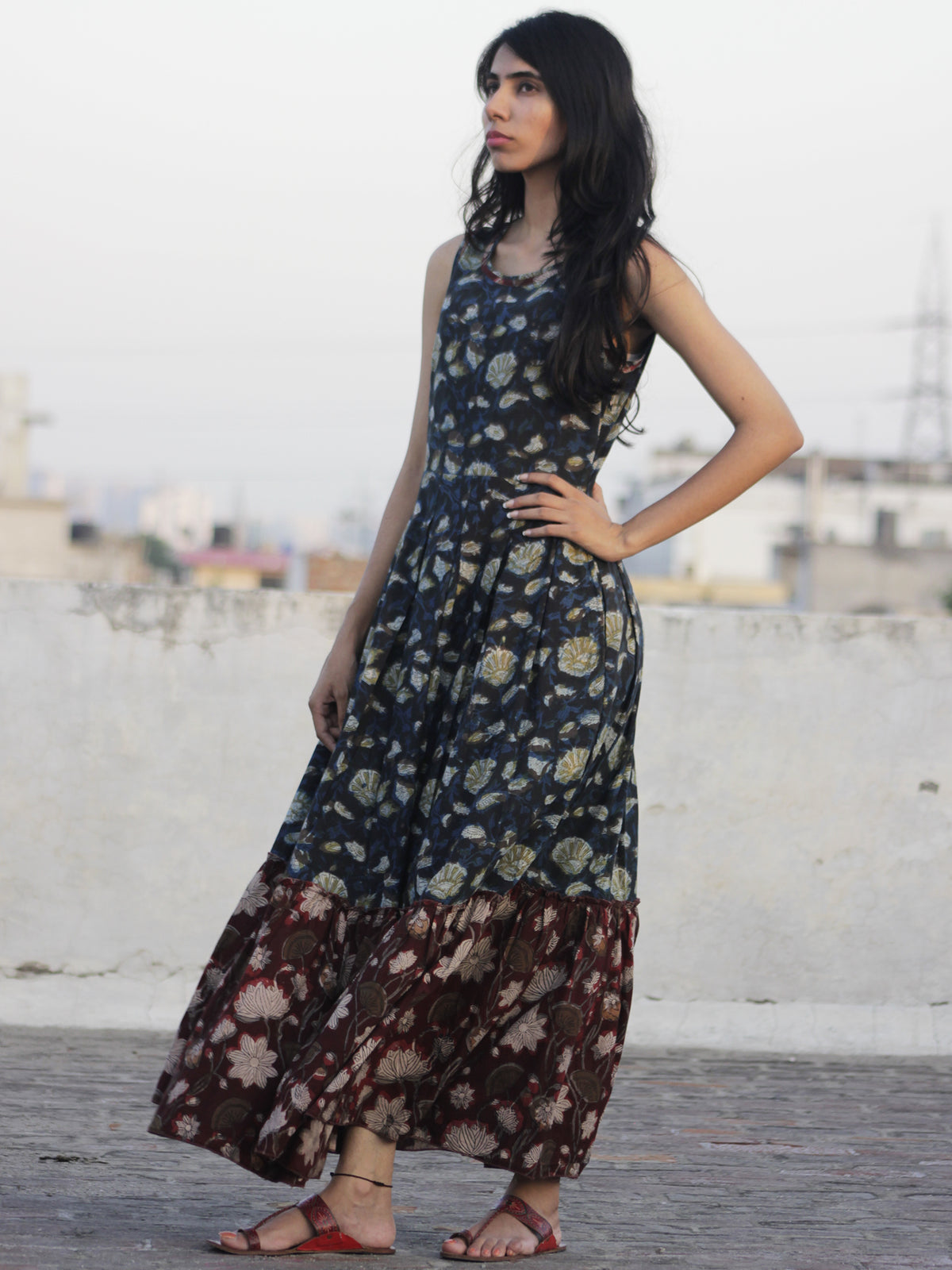 Indigo Maroon Brown Ivory Black Hand Block Mughal Printed Sleeveless Tier Cotton Dress With Box Pleats & Side Pockets - D67F621