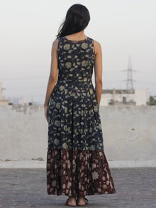 Indigo Maroon Brown Ivory Black Hand Block Mughal Printed Sleeveless Tier Cotton Dress With Box Pleats & Side Pockets - D67F621