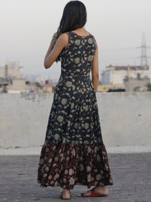 Indigo Maroon Brown Ivory Black Hand Block Mughal Printed Sleeveless Tier Cotton Dress With Box Pleats & Side Pockets - D67F621