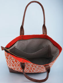 Orange White Hand Block Printed & Vegan Leather Tote Bag - B1003