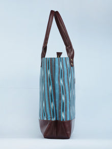 SkyBlue Indigo Brown Ikat & Vegan Leather Tote Bag - B1007