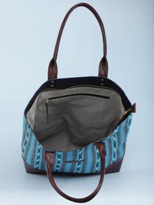 SkyBlue Indigo Brown Ikat & Vegan Leather Tote Bag - B1007